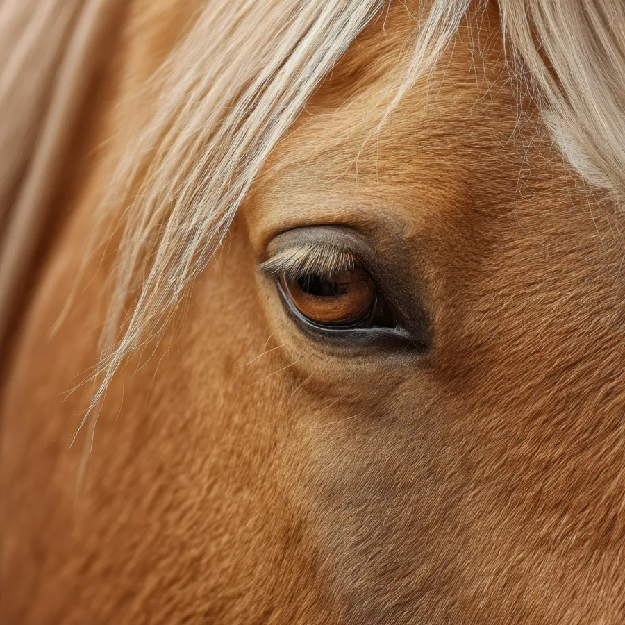 A close-up of a horse&rsquo;s eye, mane and summer coat