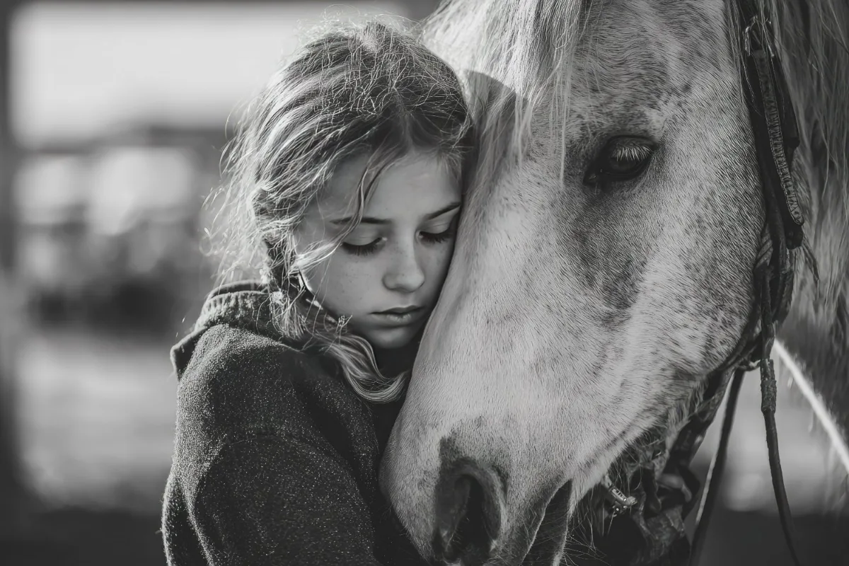A girl resting her head against her horse