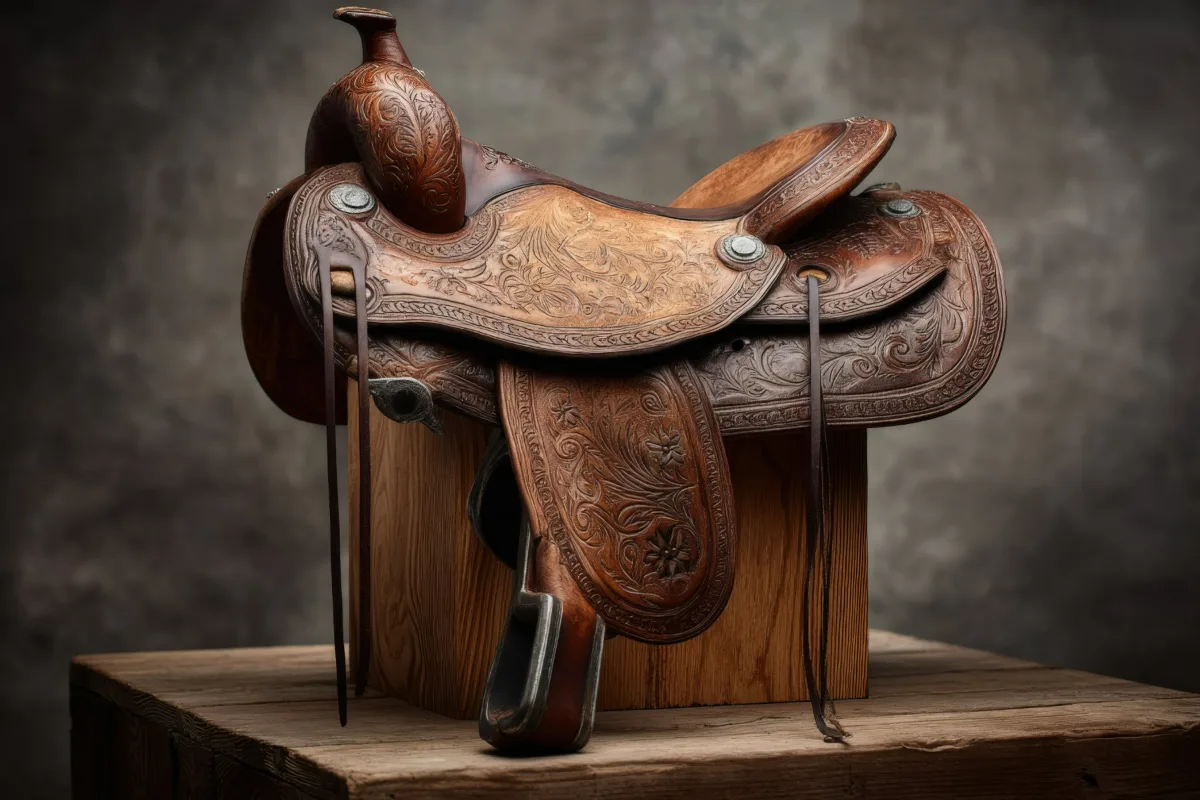 A hand-tooled Western saddle on a wooden stand