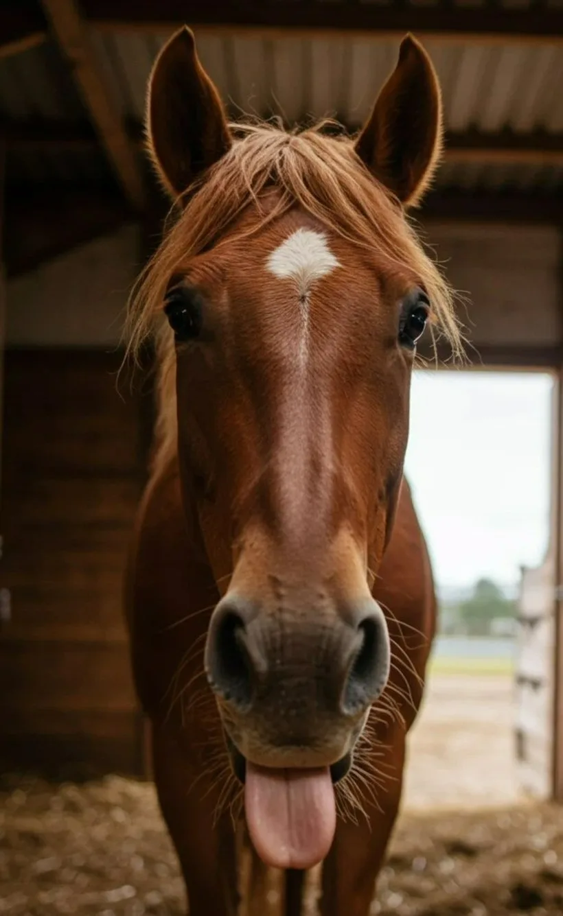A chestnut horse in a barn doorway sticking its tongue out